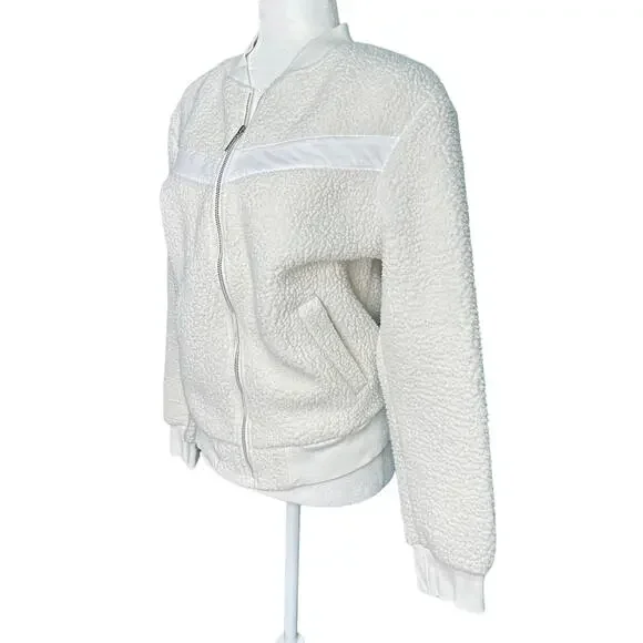 ZYIA  ACTIVE Womens M White Sherpa Collarless Full Zip Flying V Bomber Jacket - Picture 5 of 11